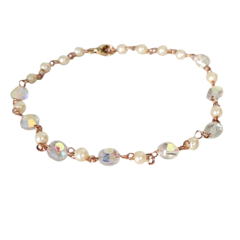 Dainty Pearl & Iridescent Crystal Chain Bracelet